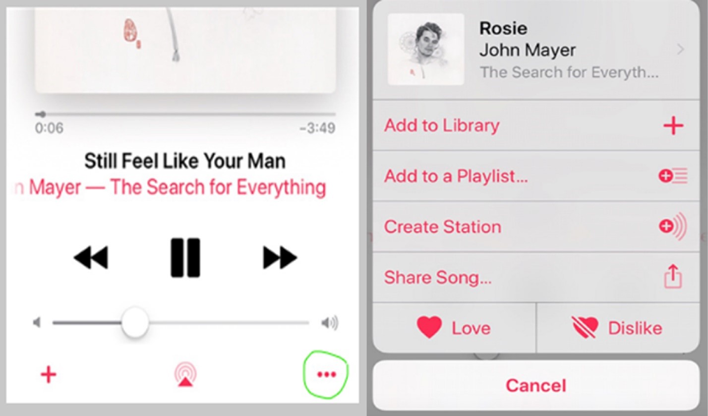 seleccionar música de apple music y tocar el botón compartir para compartirla