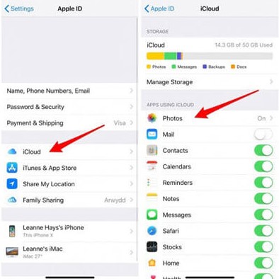 selecciona icloud desde tu id de apple y luego selecciona la opción fotos