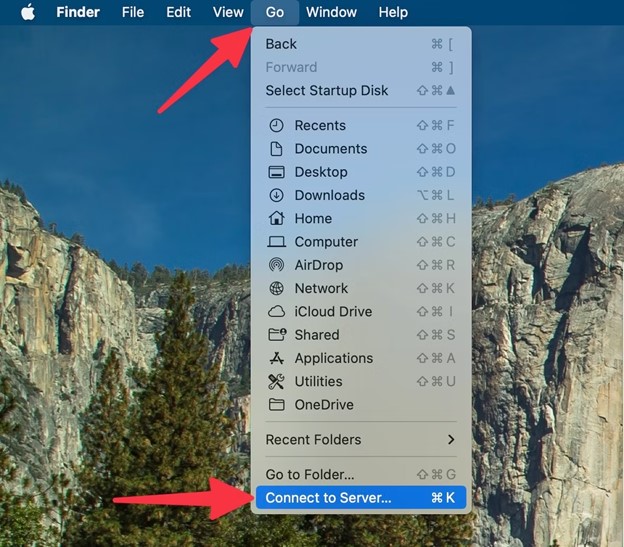 open a finder window on mac and choose connect to server under the go sub menu