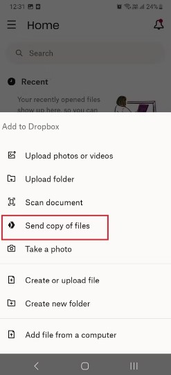 tap the send copy of files option then continue