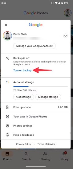 tap the turn on backup button to activate the feature