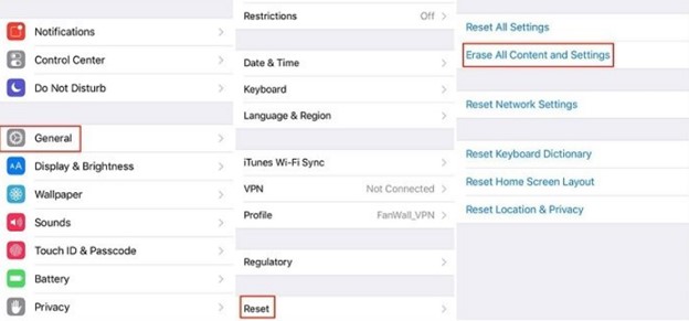 borrar todo el contenido y la configuración para restaurar la copia de seguridad de icloud y recuperar el historial de llamadas borrado.