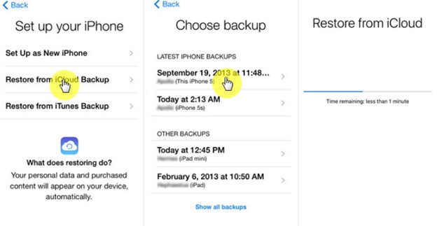 restaurar la copia de seguridad reciente de icloud para recuperar el historial de llamadas borradas en iphone