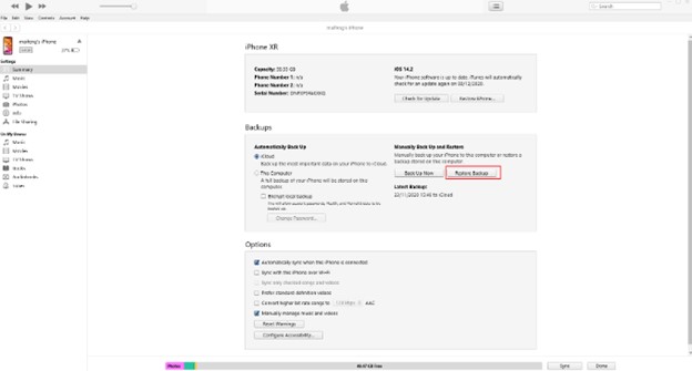 restaurar una copia de seguridad de itunes para recuperar el registro de llamadas borradas en tu iphone