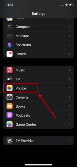 no seu iphone, vá para configurações e selecione fotos