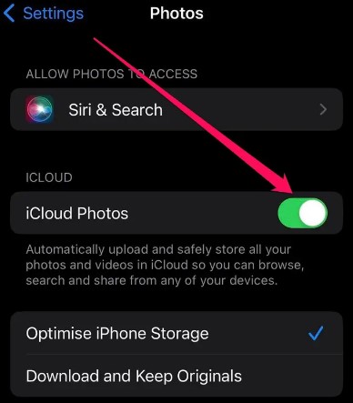 ative o recurso de fotos do iCloud nas configurações