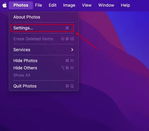 acesse fotos e escolha configurações no menu suspenso no mac