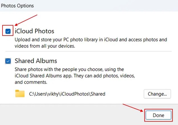 revisa la casilla de icloud fotos y haz clic en done para acceder a icloud videos