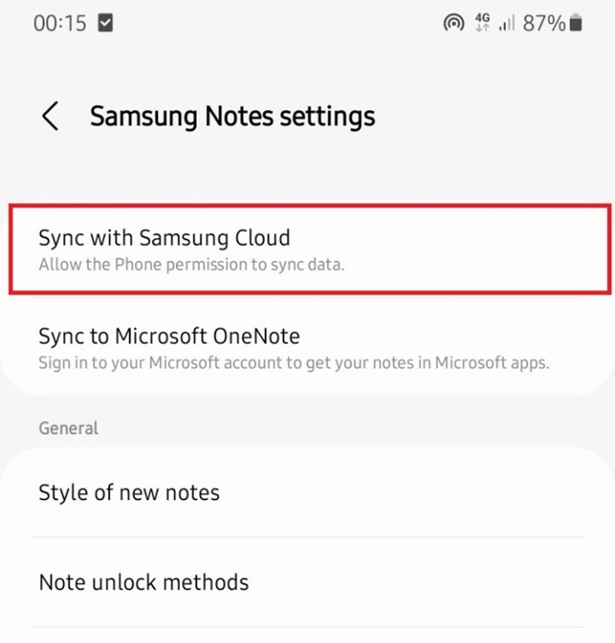 samsung notes settings page