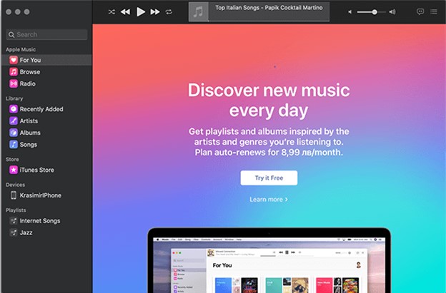 abre la aplicación música en mac y haz clic en tu iphone en dispositivos