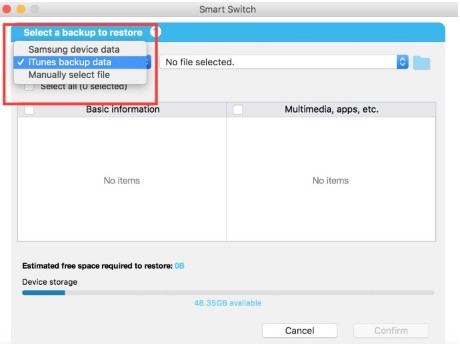 select itunes backup data to smart switch to your samsung device