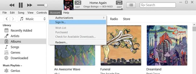 choose sign from the itunes menu bar on your windows pc