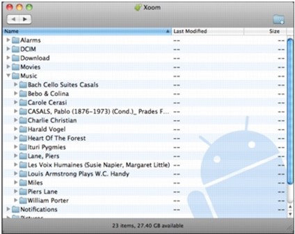 I file Android visualizzati sulla finestra di trasferimento file Android