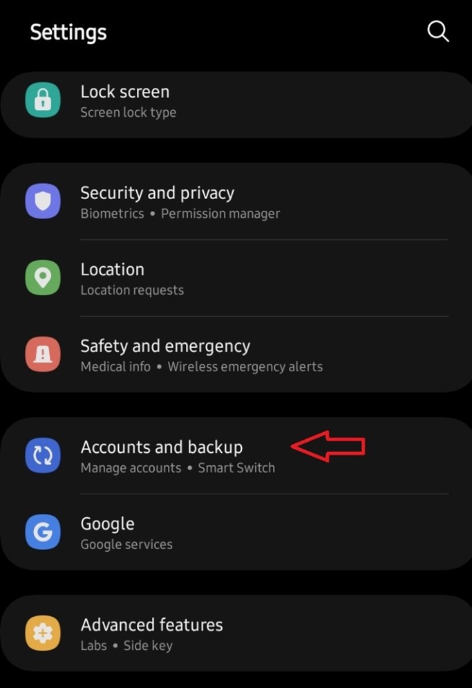 accounts and backup settings on android phone