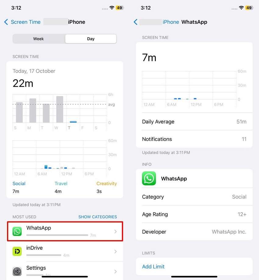 check whatsapp screen time