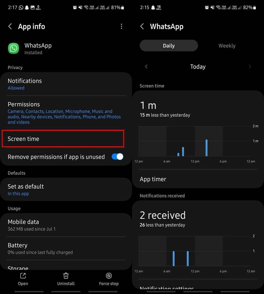 review daily whatsapp screen time 