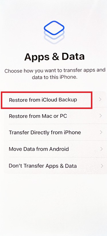 selecting restore from icloud backup