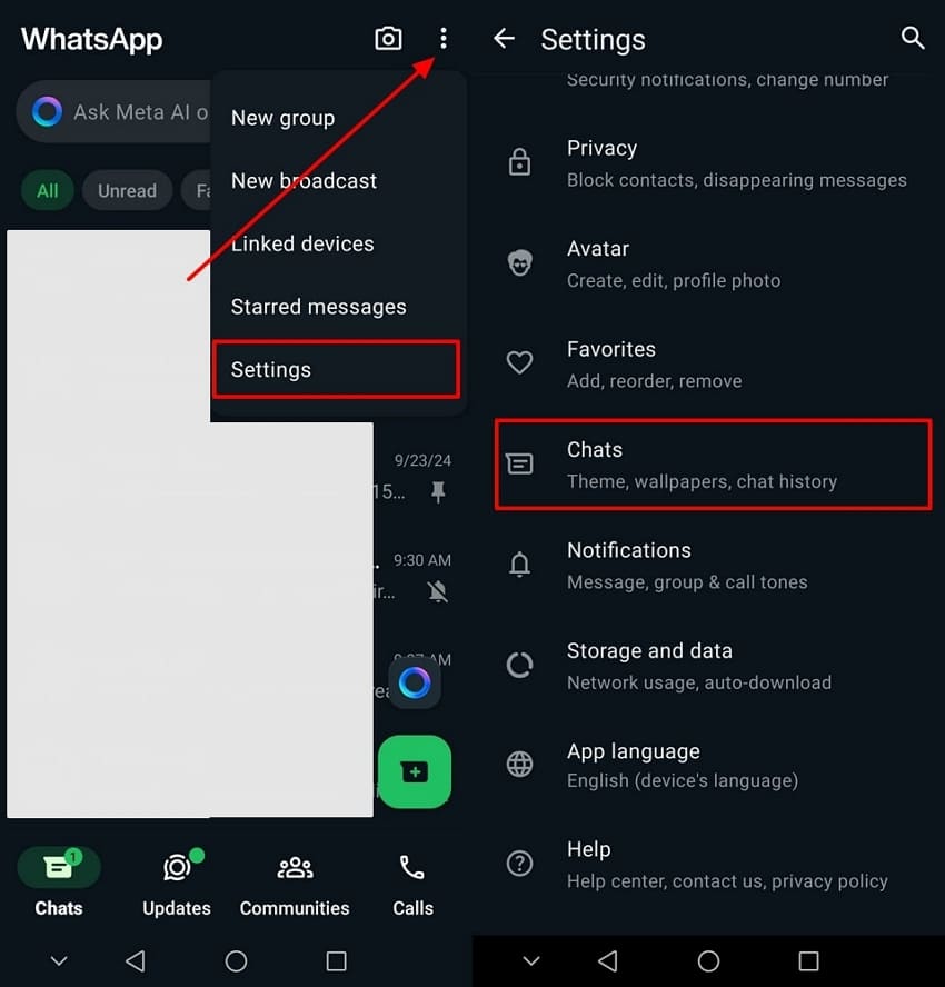 locate chats option from settings