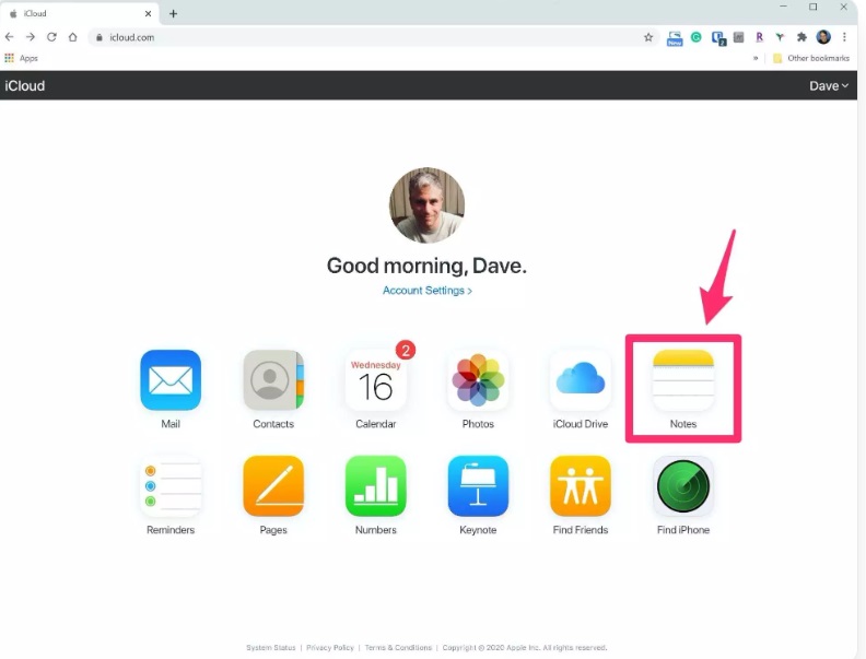 icloud website open notes 