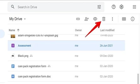 click on the trash icon to delete files from google drive
