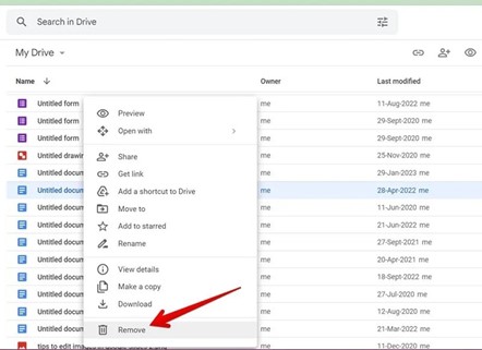 eliminar archivos de google drive directamente haciendo clic con el botón derecho en el archivo