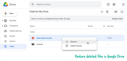 I file eliminati in modo permanente non possono essere ripristinati dalla cartella cestino di Google Drive