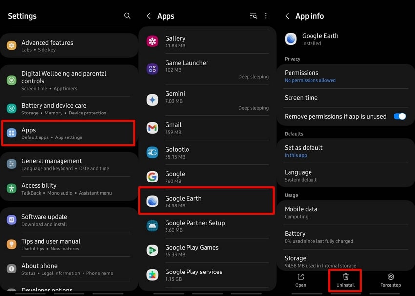 uninstall app using app settings