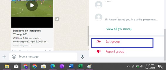 exit and delete whatsapp group from pc by clicking on exit group