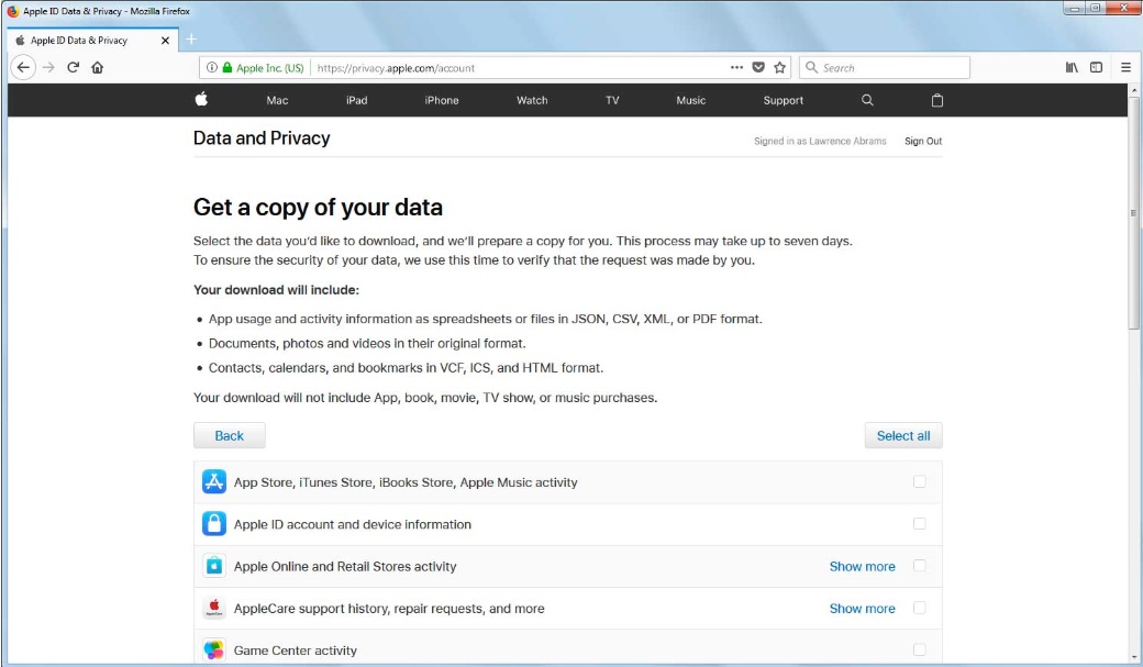 baixe notas do iCloud do site de privacidade de dados da Apple 