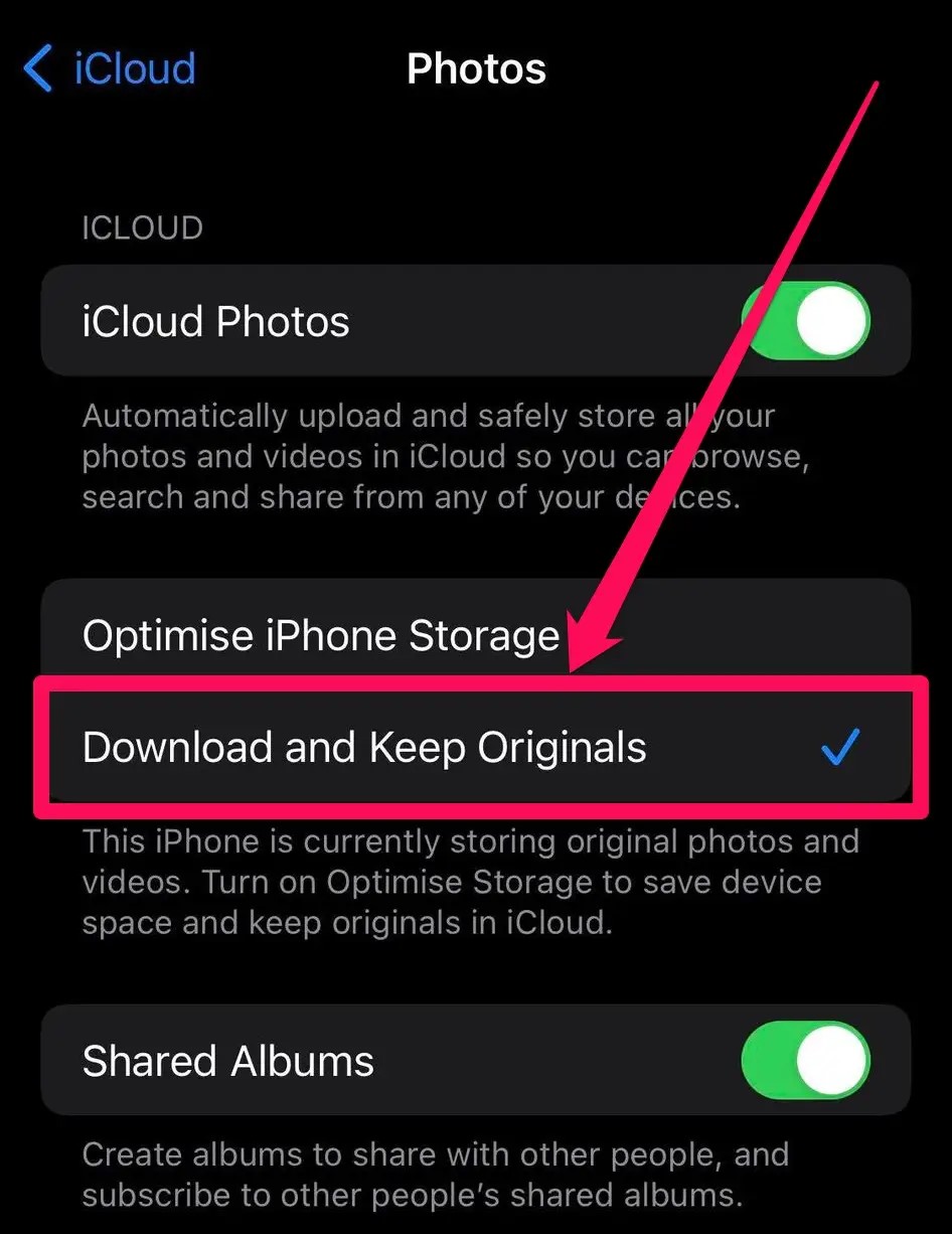 clicking on download and keep originals to download icloud photos iphone