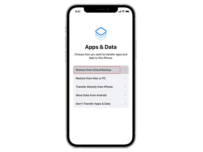 choosing restore from icloud backup to transfer icloud photos to iphone