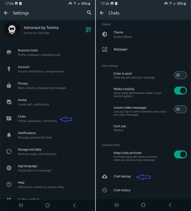 whatsapp settings screen on android