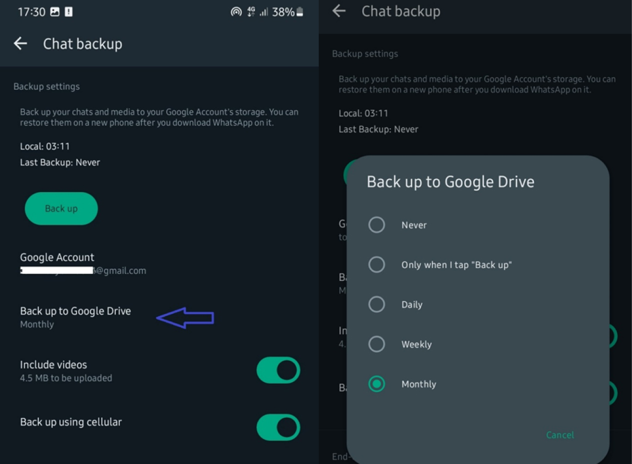 whatsapp back up to google drive settings
