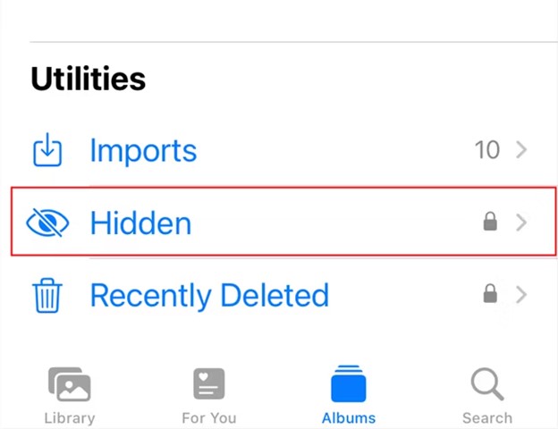 find hidden photos album under utilities in the photos app on iphone