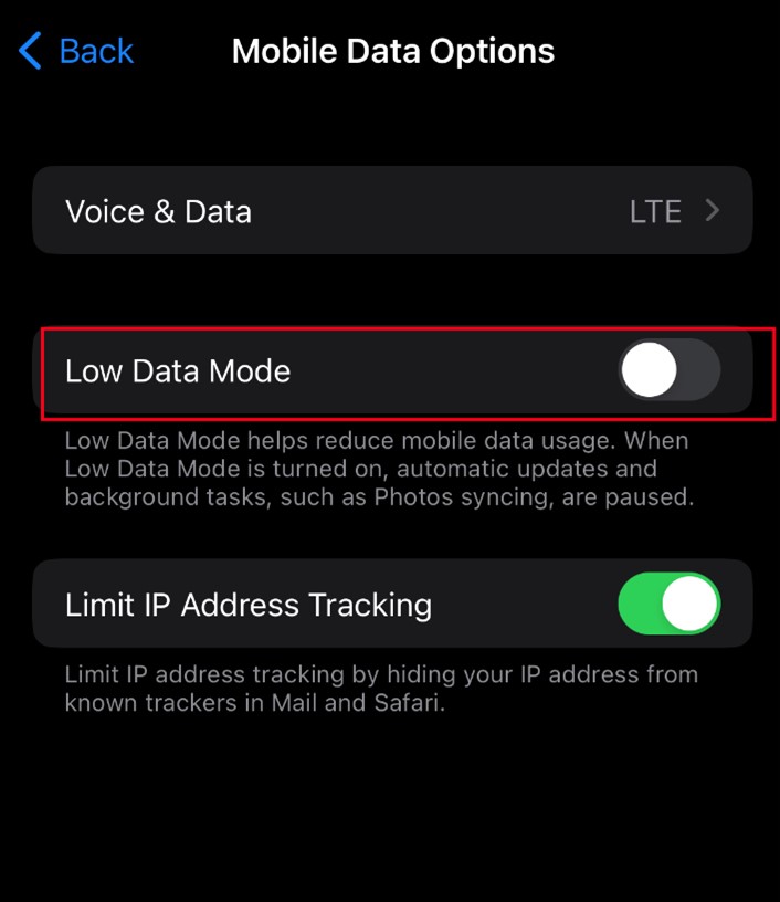 how to disable low data mode to fix icloud paused issue