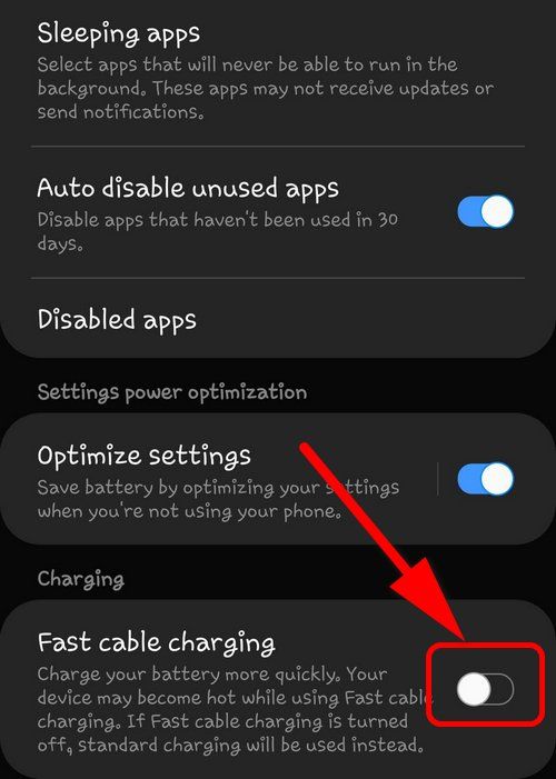 отключите быструю зарядку на телефоне