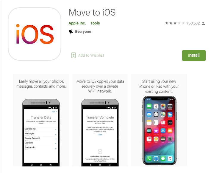 instalar la aplicación Move to iOS para obtener el código de Move to iOS