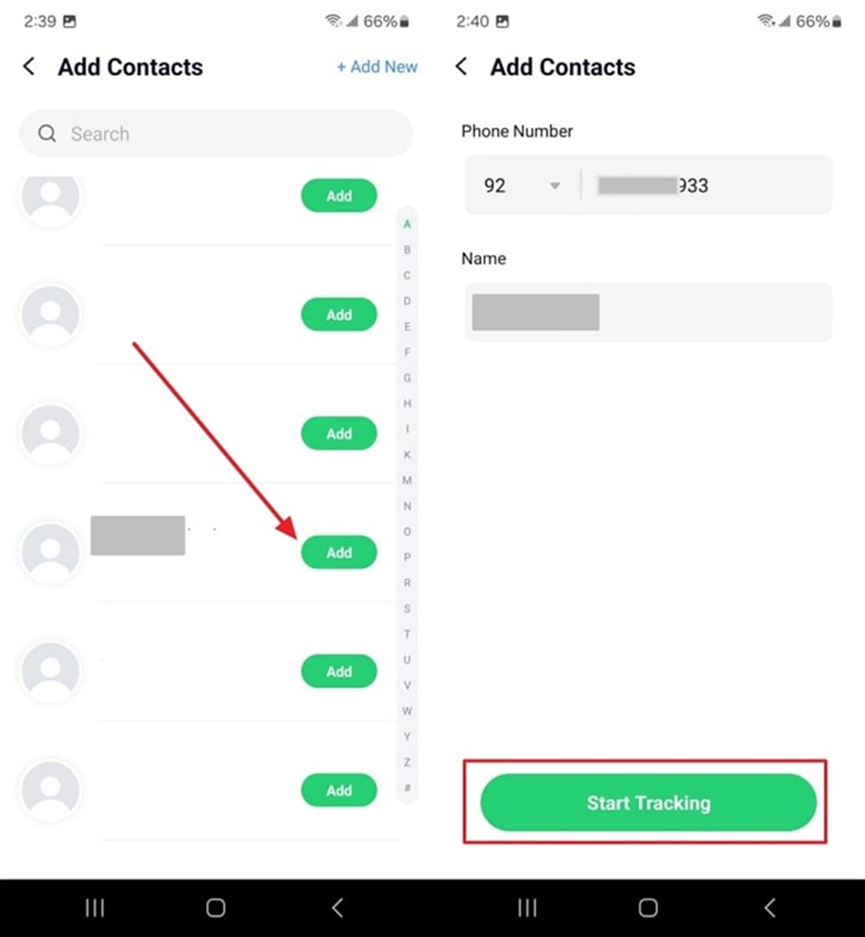 start tracking the desired contact