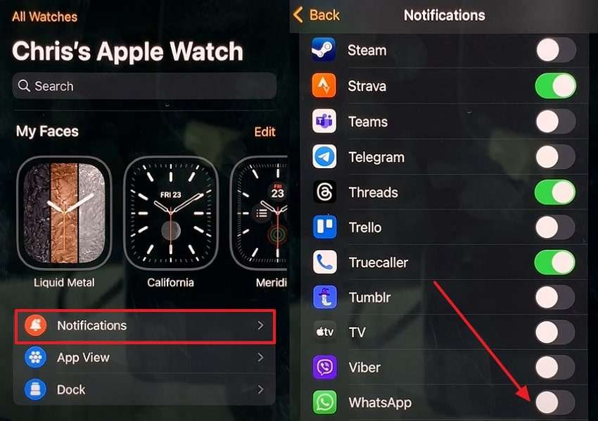 turn on whatsapp notifications on watch 