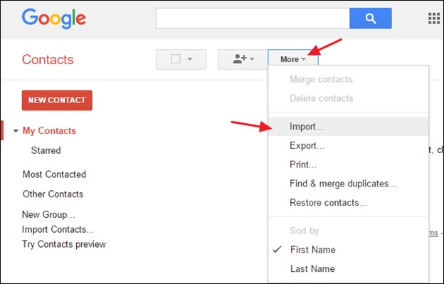 choose my contacts in google contacts and then import in the drop down menu