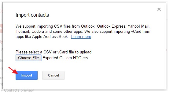 click the import button to save contacts to your google account