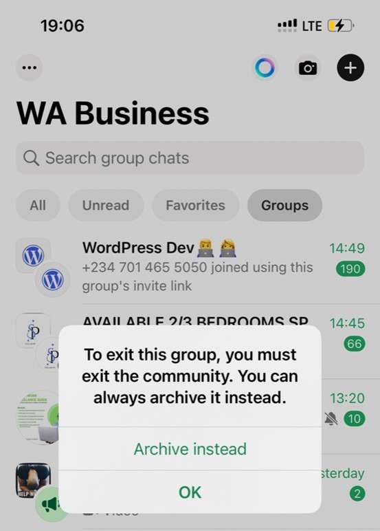 whatsapp notification to exit community 