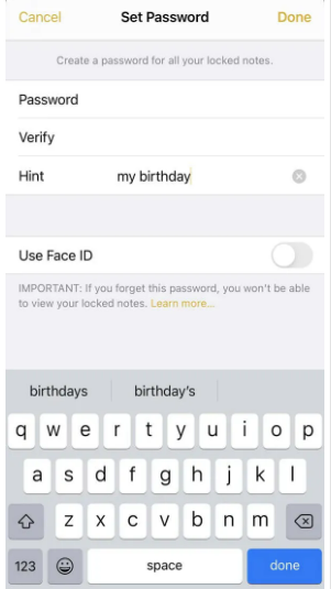 adding password to notes to lock photos on iphone