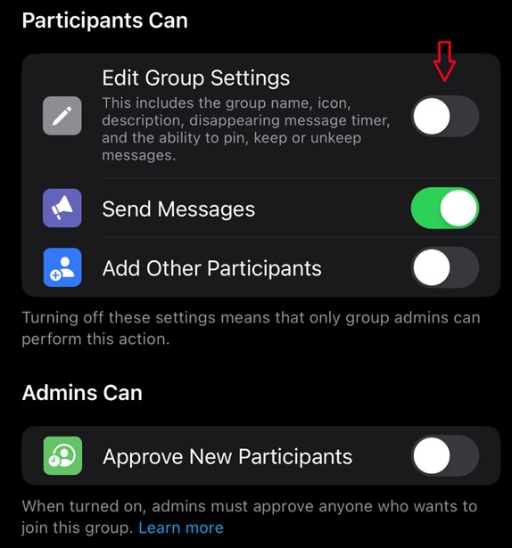 Ative a opção Editar configurações do grupo para permitir a fixação de mensagens do WhatsApp