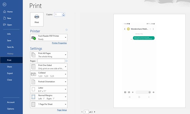 click print to print text messages from android on pc