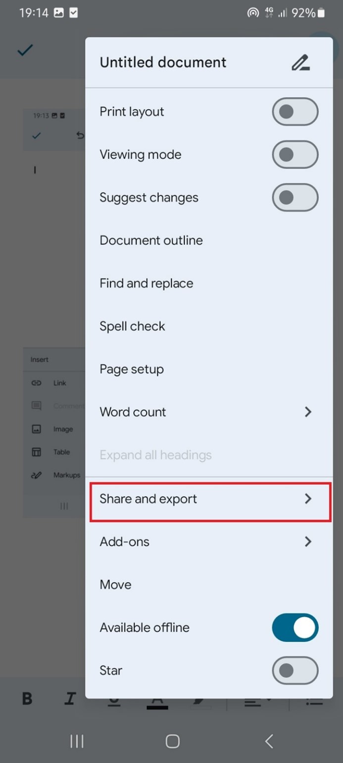 google docs share and export screen 