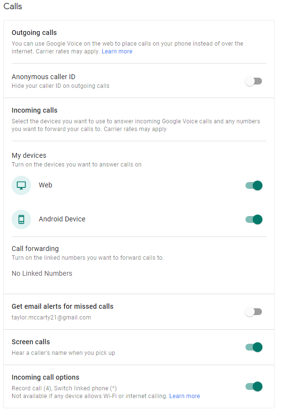 enable incoming calls options