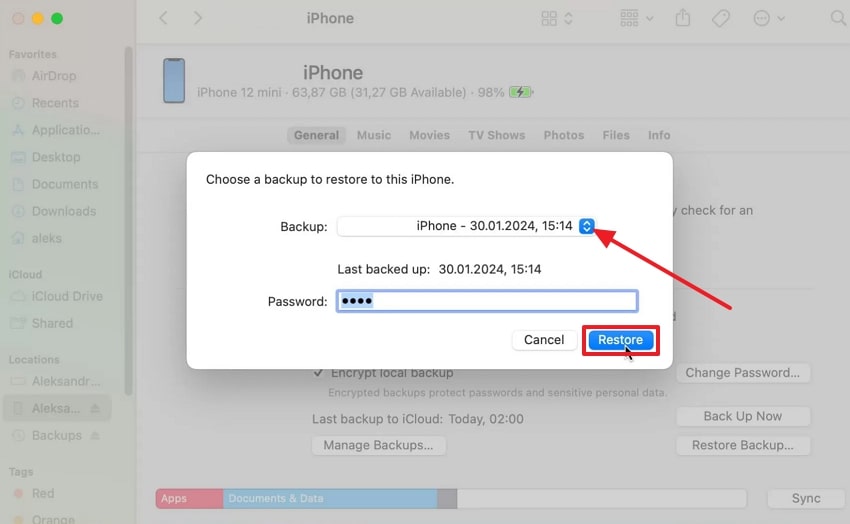 tap restore button on finder