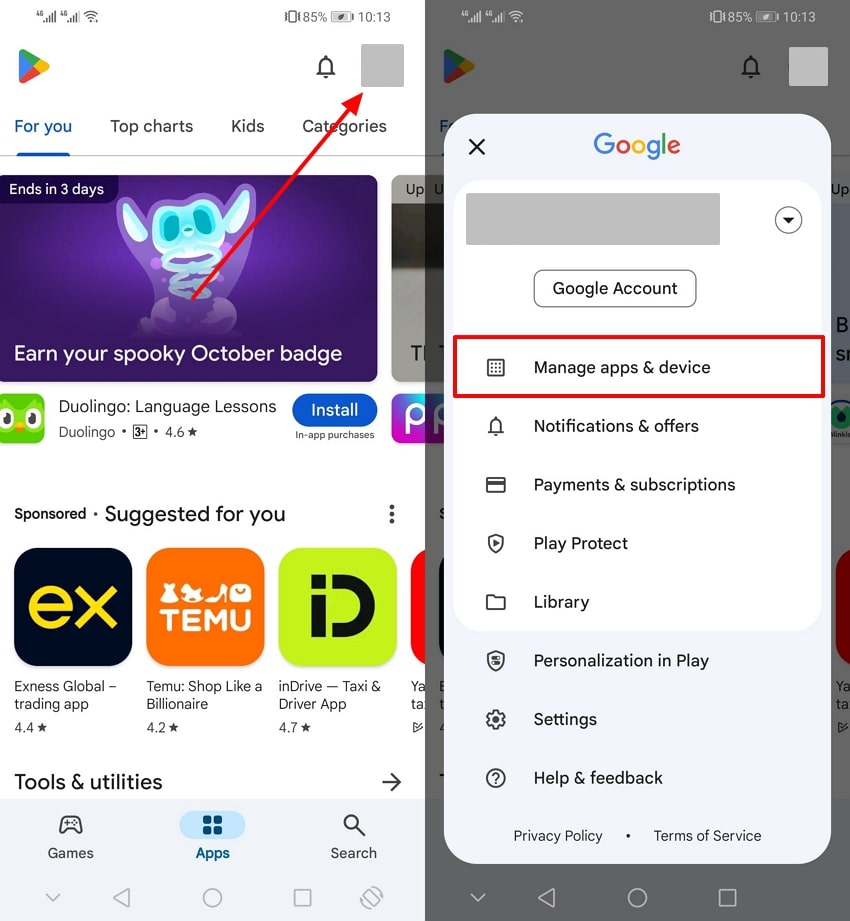 access manage apps & device option 