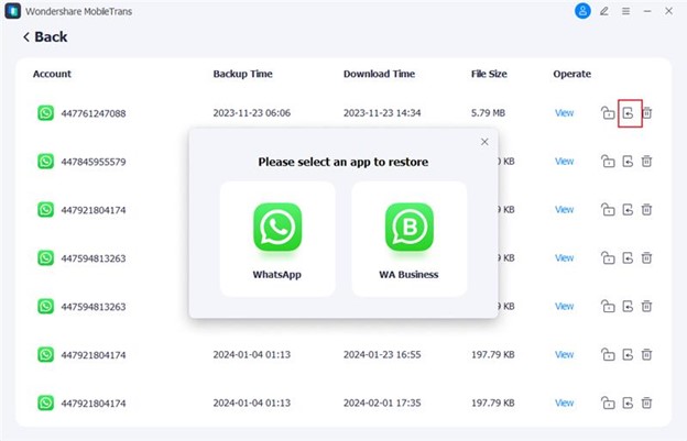 click the download button to start the process to restore whatsapp business backup from google drive